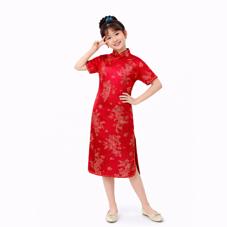 Girls Traditional Dragon & Phoenix Brocade Cheongsam Dress – Elegant Chinese Qipao for Kids