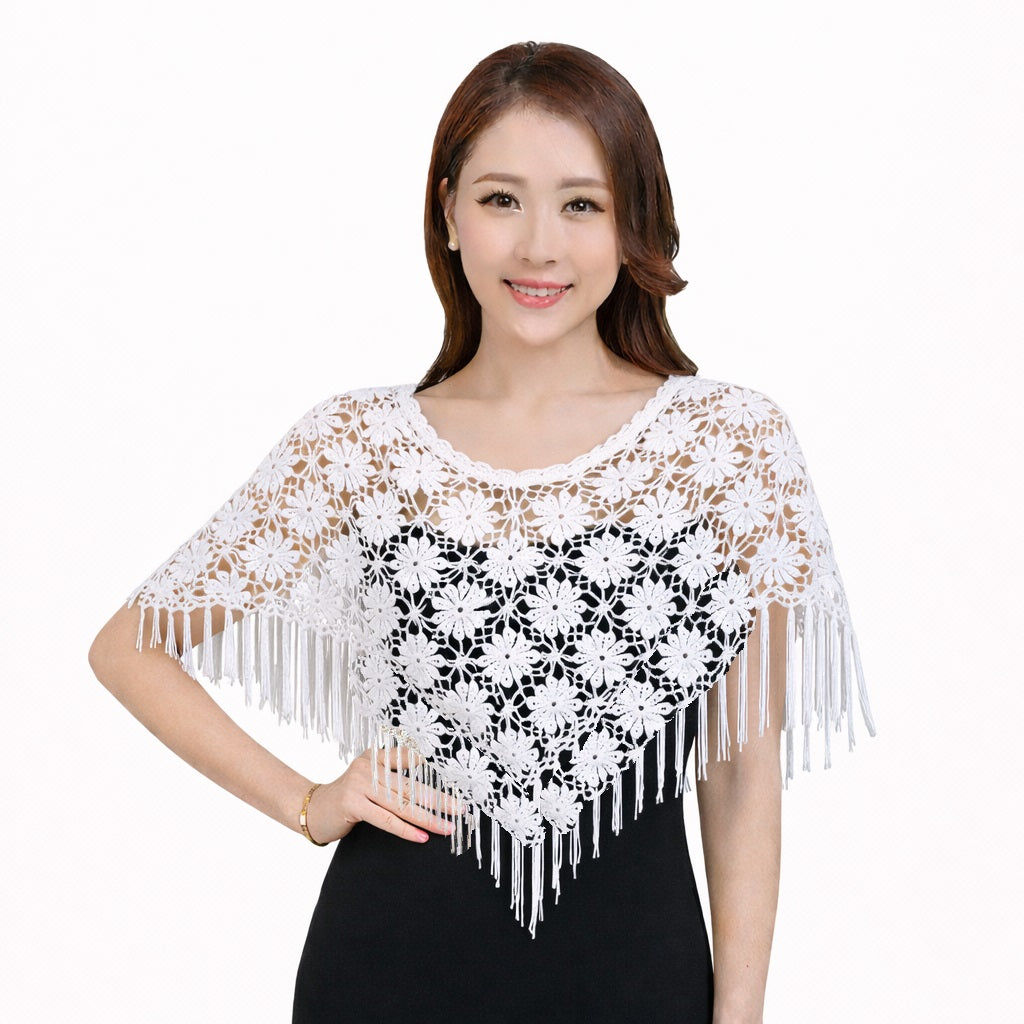 Handcrafted Beaded Floral Shawl – Elegant Ice Silk Crochet Capelet (Lightweight & Breathable)