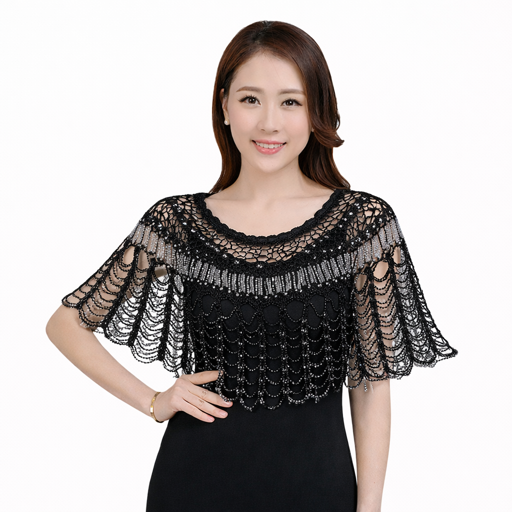 Handcrafted Beaded & Rhinestone Shawl – Sparkling Ice Silk Crochet Capelet (Elegant & Lightweight)