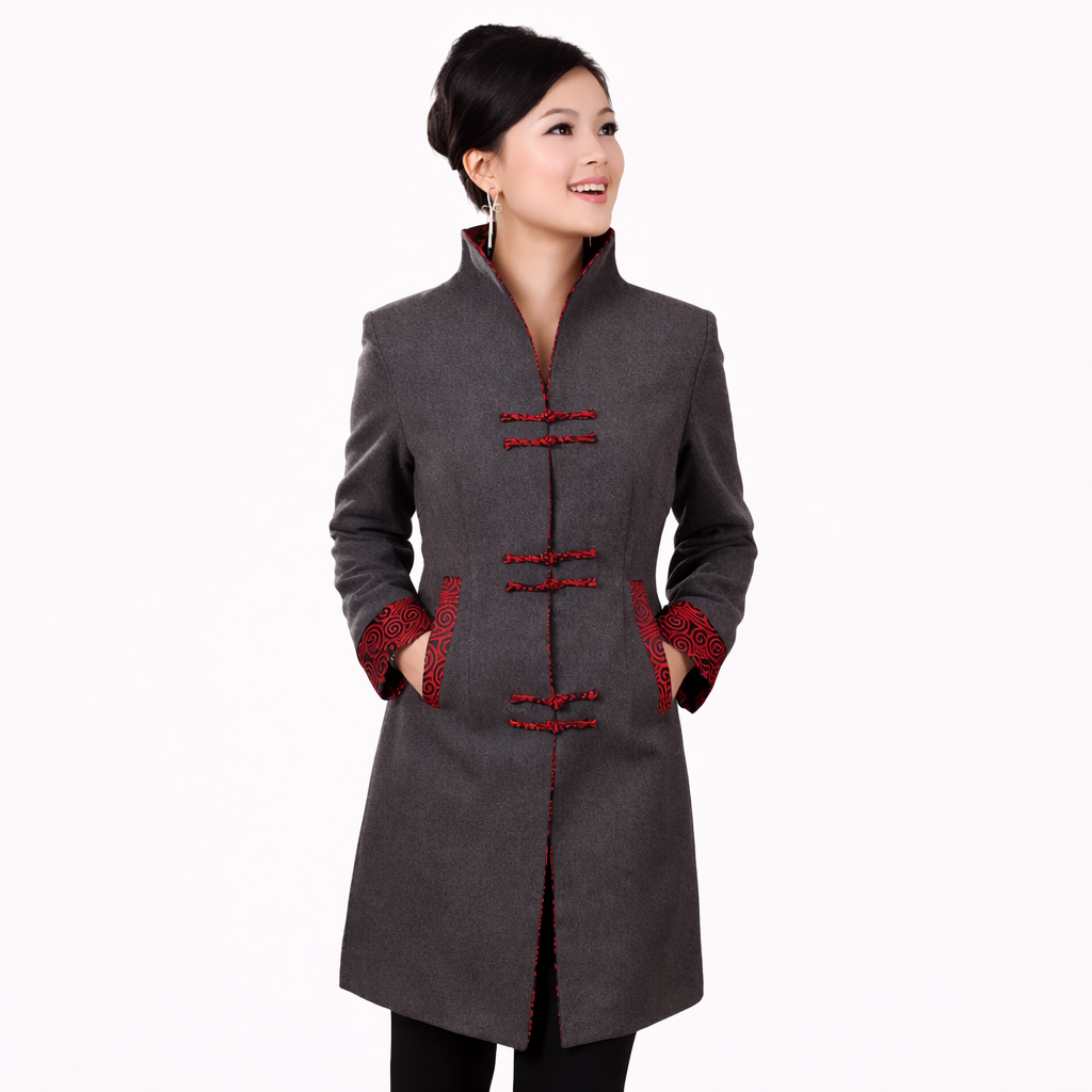 Slim Fit Chinese Style Coat – Elegant Mandarin Collar Wool Jacket (Petite Fit)