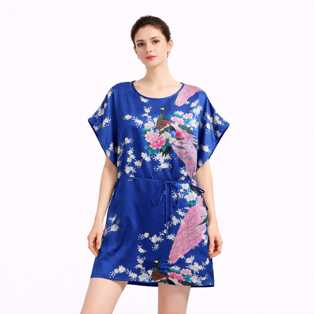 Elegant Satin Peacock Print Lounge Dress – Lightweight Kimono Style Home & Vacation Wear