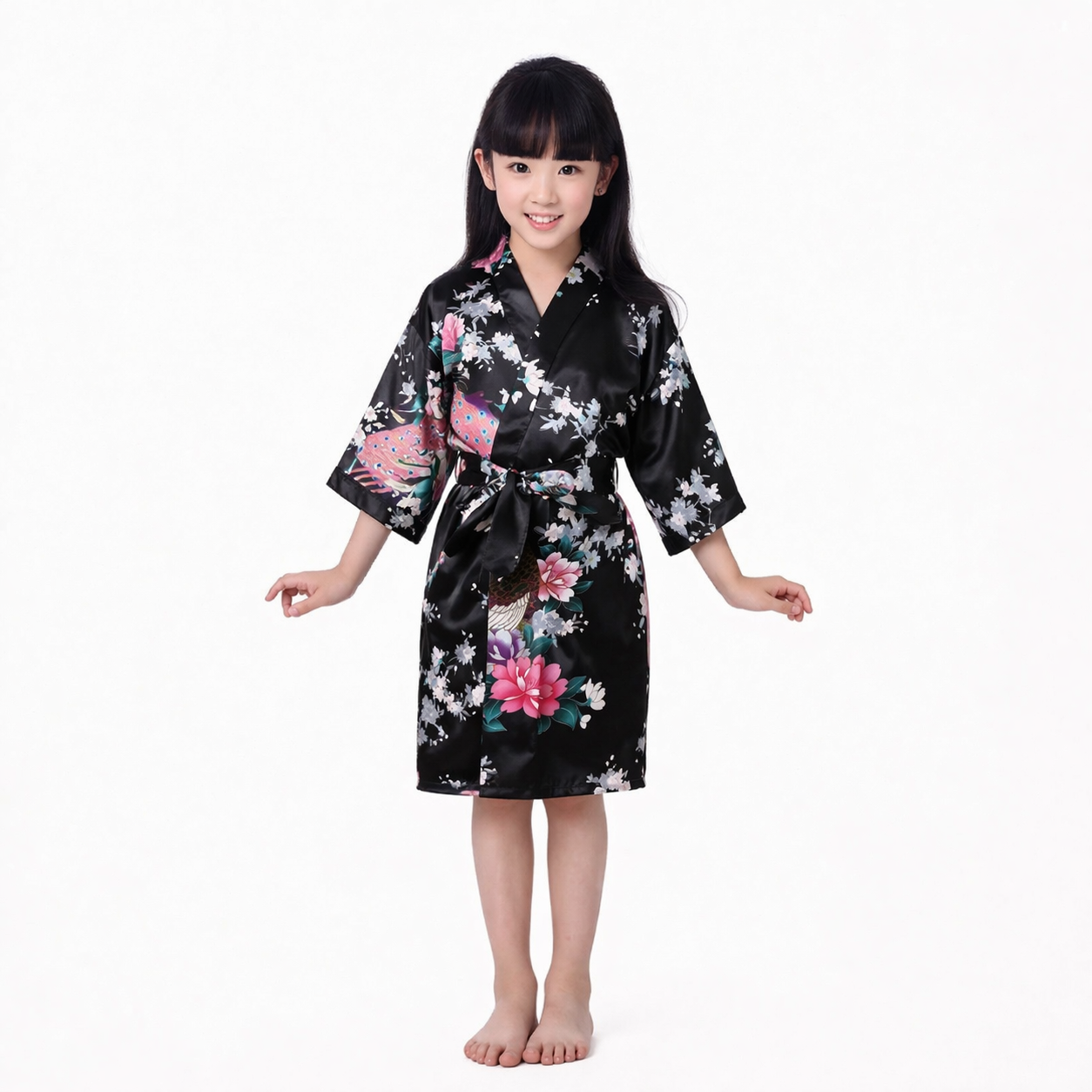 Pyjama chemise de nuit soyeuse kimono en satin paon pour enfant Premium peignoir de douche 