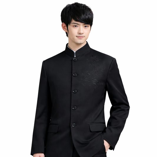 Men’s Black Dragon Embroidered Zhongshan Jacket (Structured & Lined)