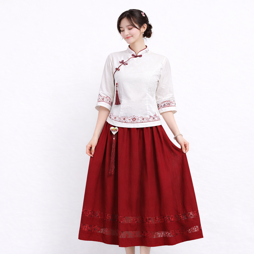 Chinese cotton linen outfit set ruby red embroidered skirt and top