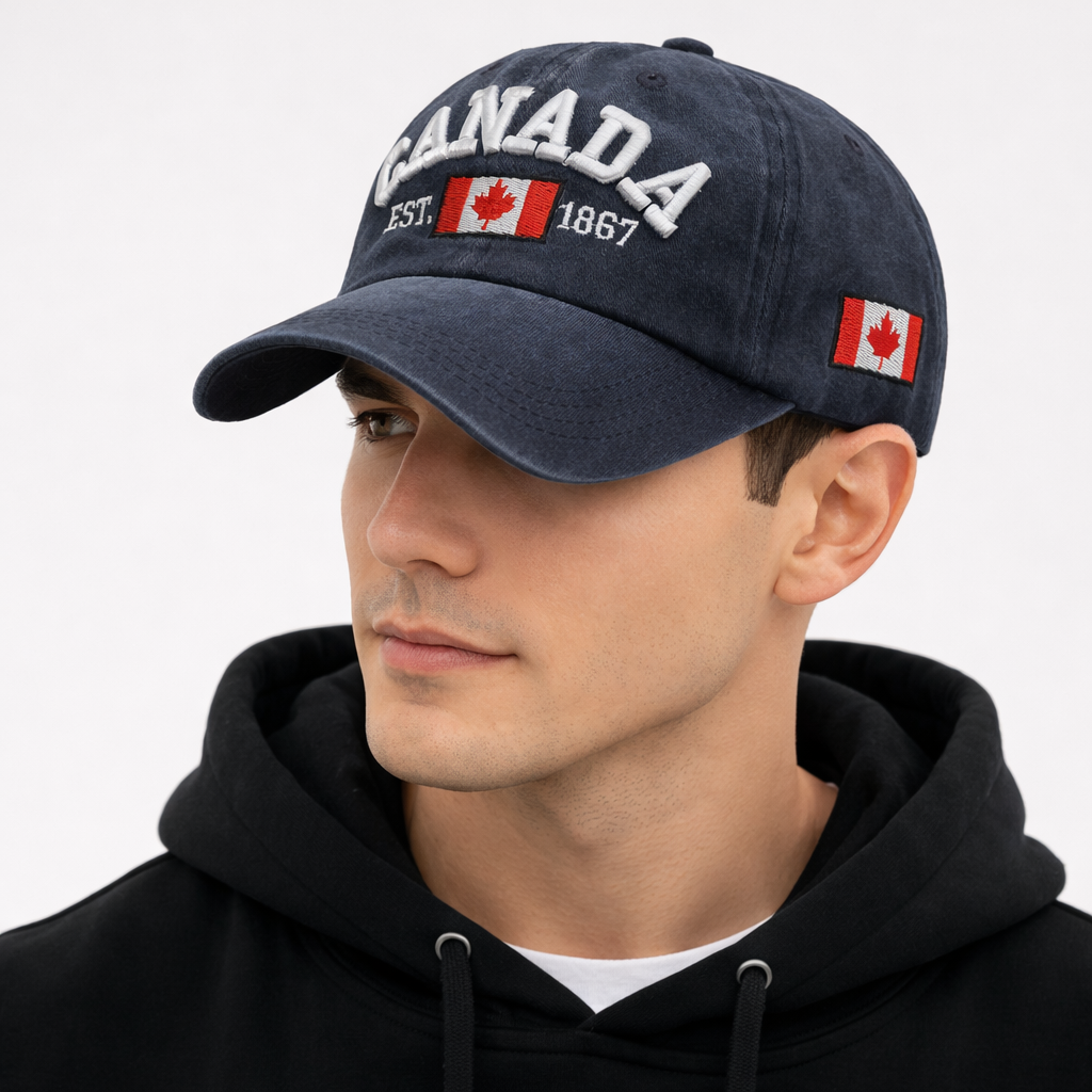 Canada embroidered baseball cap navy blue adjustable souvenir hat maple leaf logo