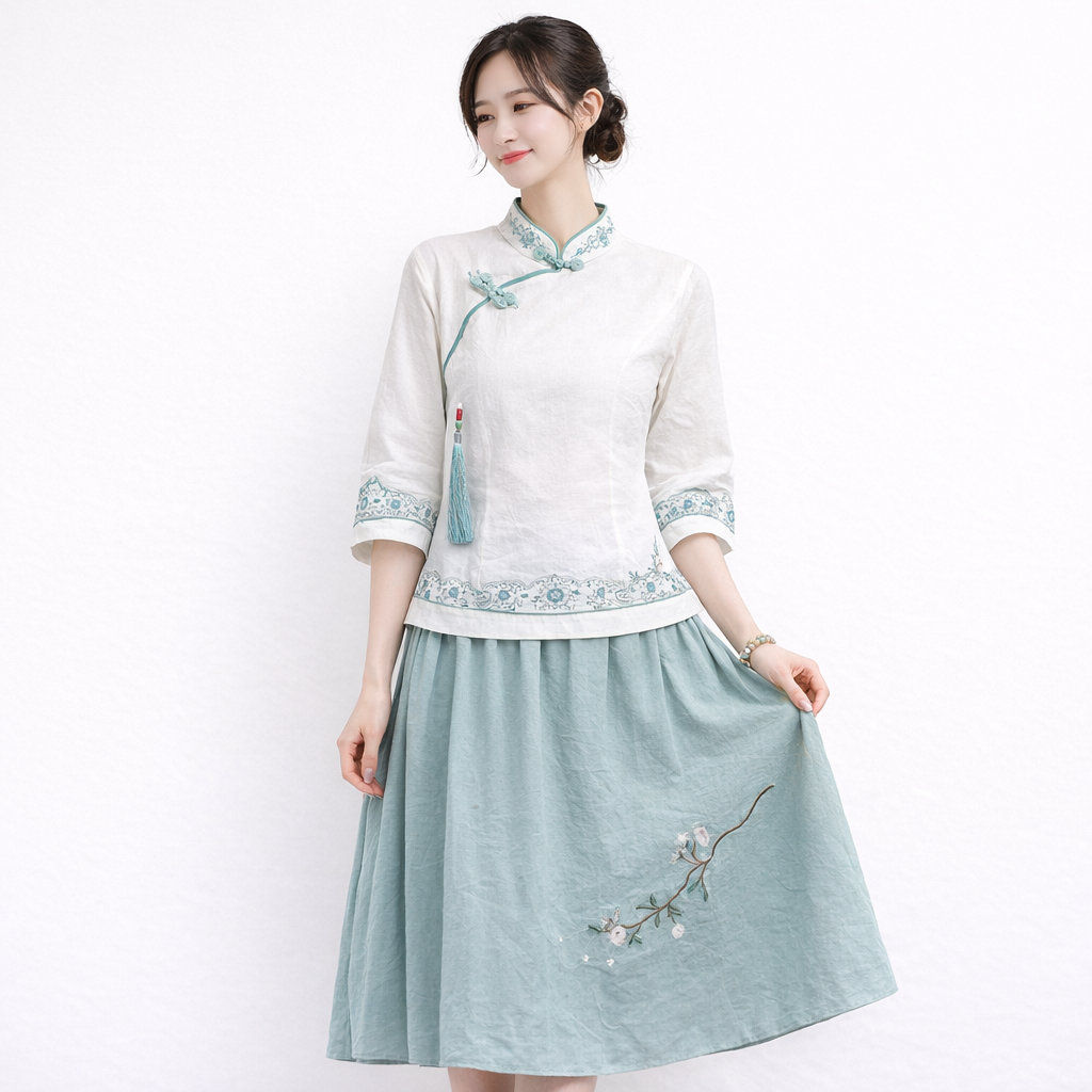 Chinese cotton linen outfit set celadon green embroidered skirt and top