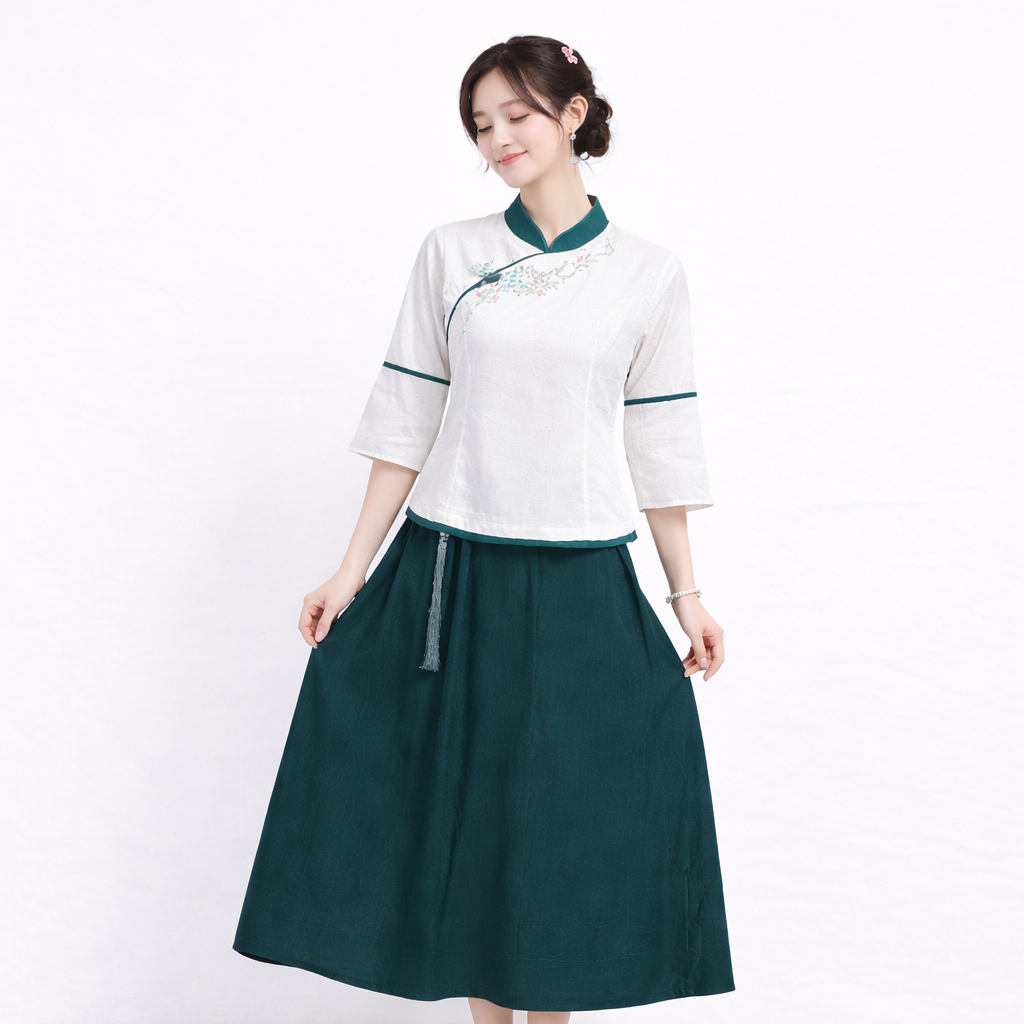 Chinese cotton linen outfit set emerald green embroidered skirt and top