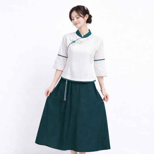 Chinese cotton linen outfit set emerald green embroidered skirt and top