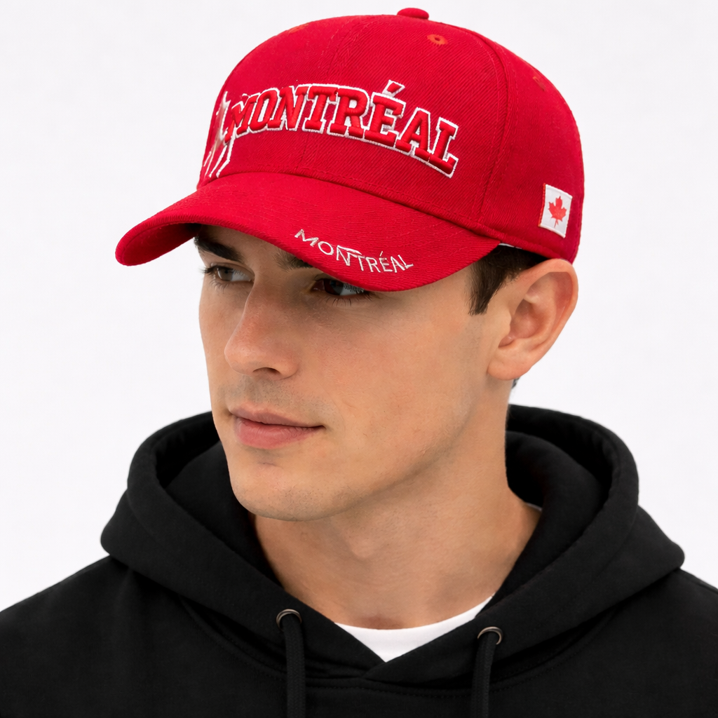 Montreal baseball cap red bold lettering embroidered adjustable hat Canada souvenir