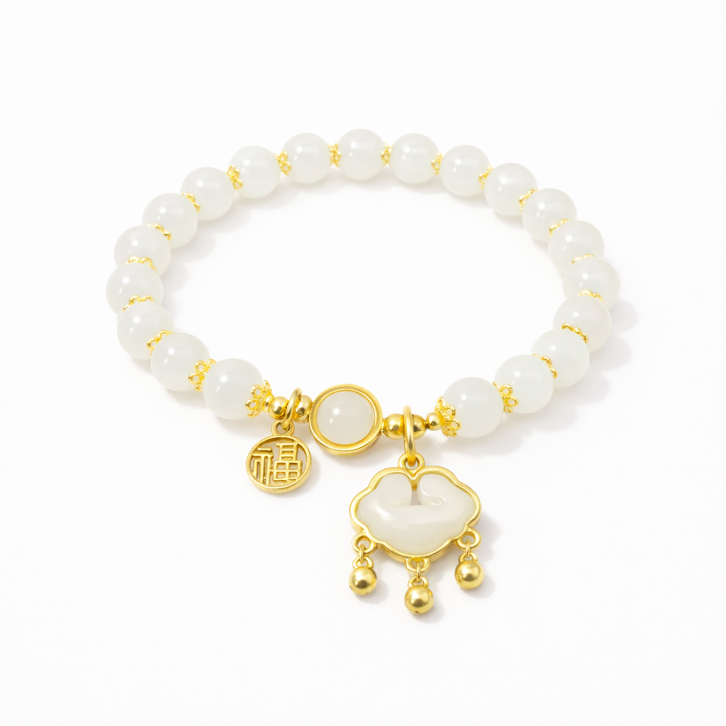 Elegant Beaded Bracelet with Lucky Charm – Versatile Style in Ceramic, Glass & Faux Jade