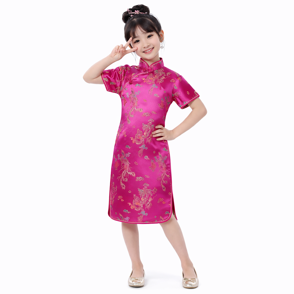 Girls Traditional Dragon & Phoenix Brocade Cheongsam Dress – Elegant Chinese Qipao for Kids