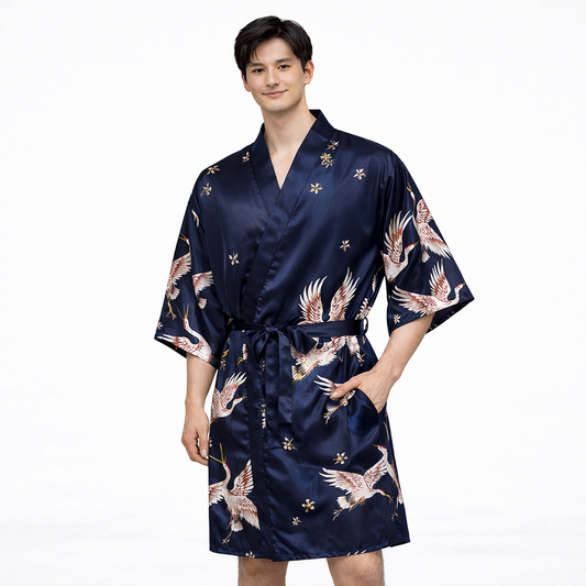 Unisex  Crane Silk-Style Kimono Robe – Luxury Satin Loungewear with Symbol of Longevity