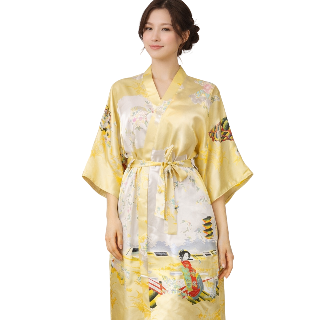 Elegant Japanese Beauty Kimono Robe – Faux Silk Satin, Lightweight & Graceful