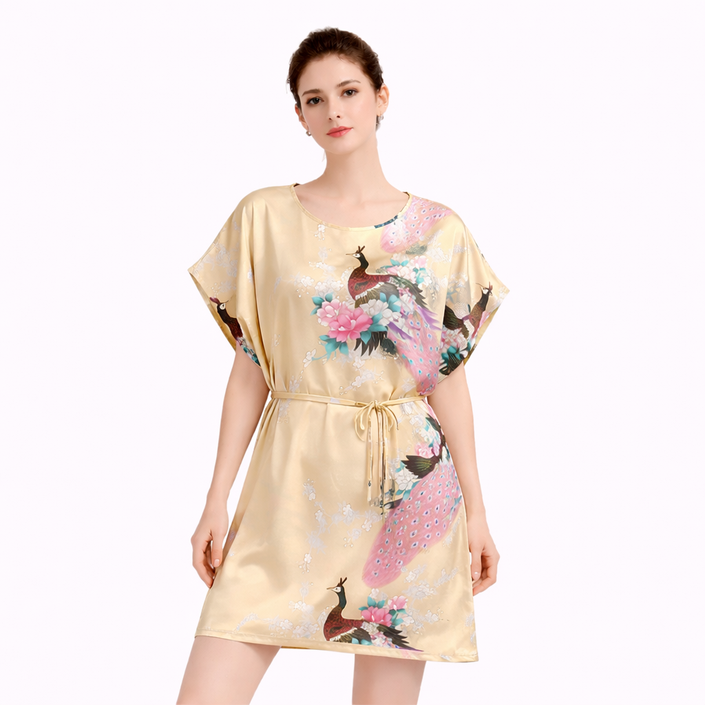 Elegant Satin Peacock Print Lounge Dress – Lightweight Kimono Style Home & Vacation Wear