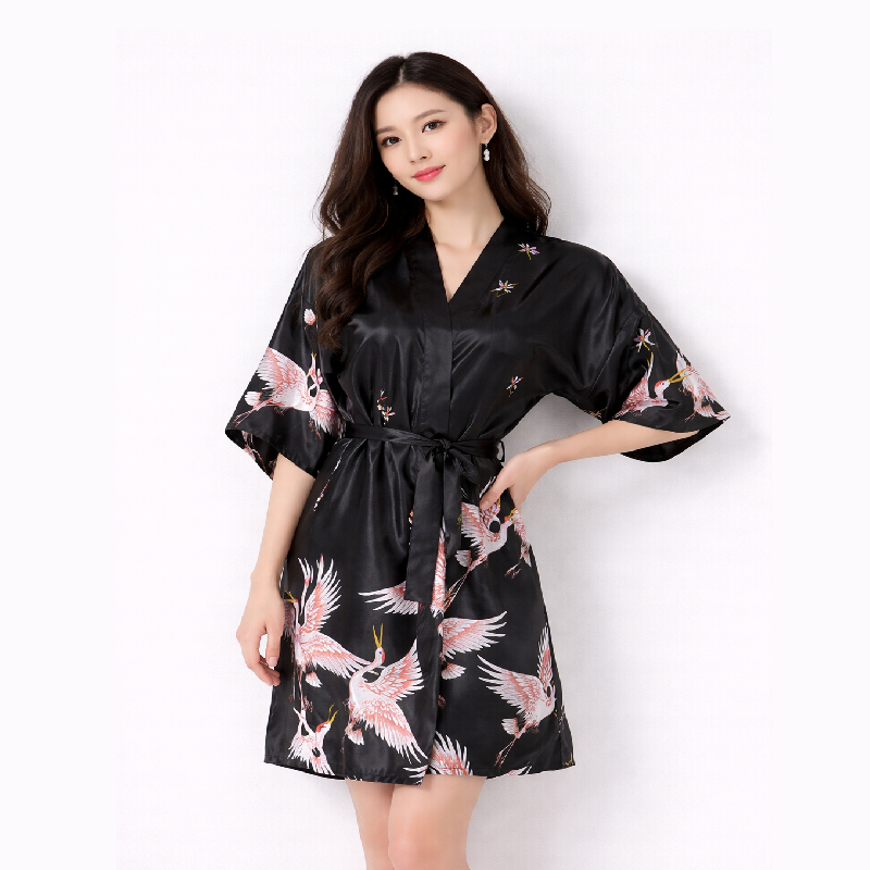 Unisex  Crane Silk-Style Kimono Robe – Luxury Satin Loungewear with Symbol of Longevity