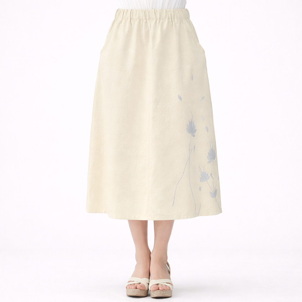 Clearance Sale Linen Cotton Midi Skirt – Hand-Painted Floral, Elastic Waist with Pockets