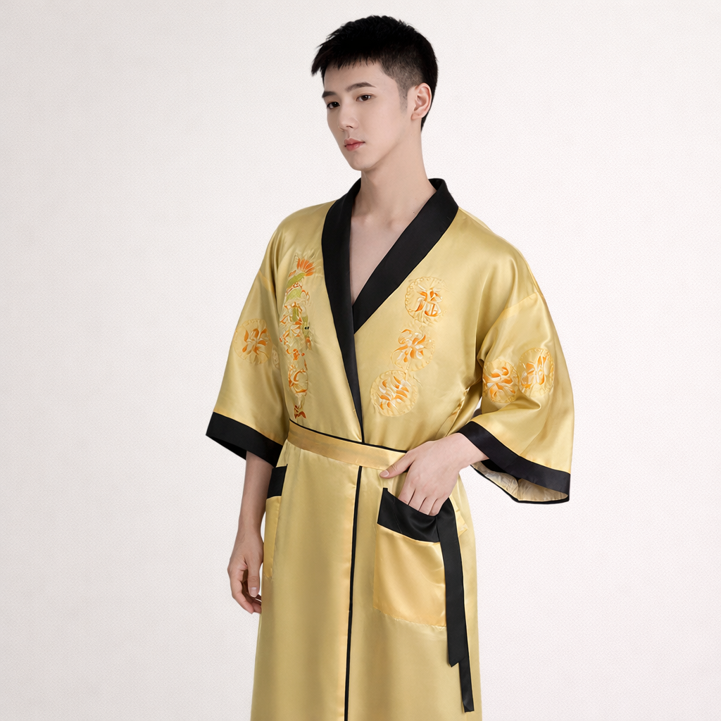 Reversible Men’s Chinese Silk Robe – Double-Sided Satin Kimono with Embroidery (2-in-1 Design)