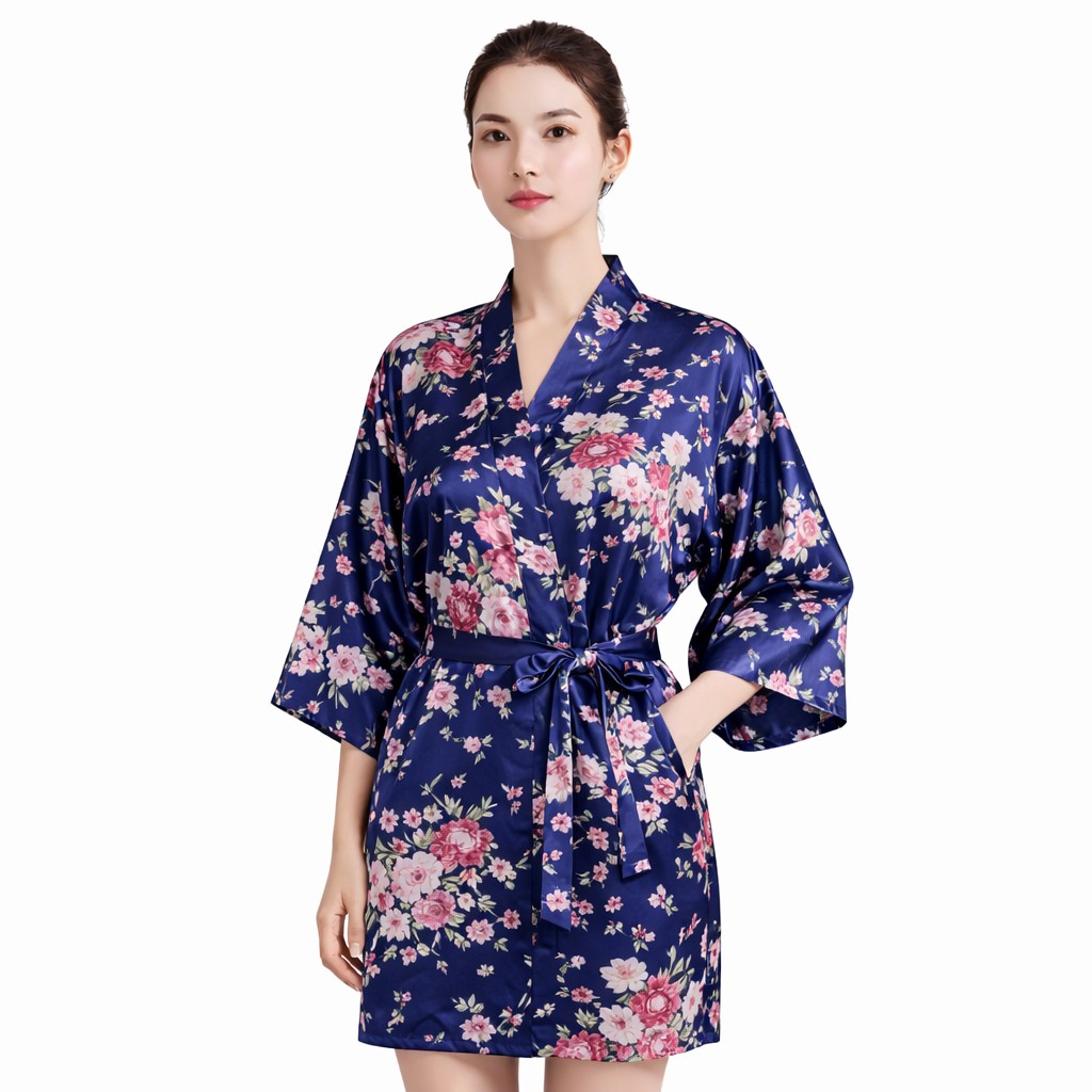 Floral Satin Kimono Robe – Short Silk-Like Bridal & Lounge Robe