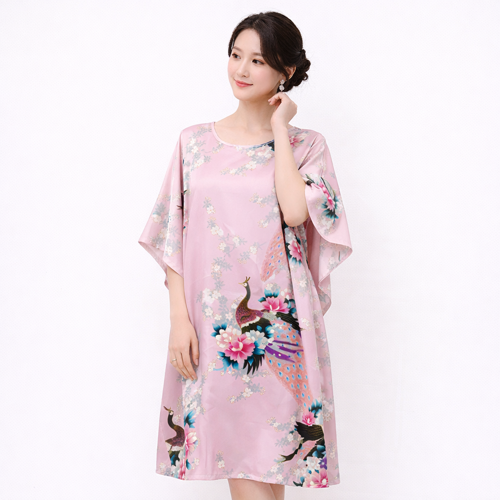 Luxury Silk-Feel Batwing Sleeve Peacock Kaftan Dress – One Size Relaxed Fit (Length 110–115cm)