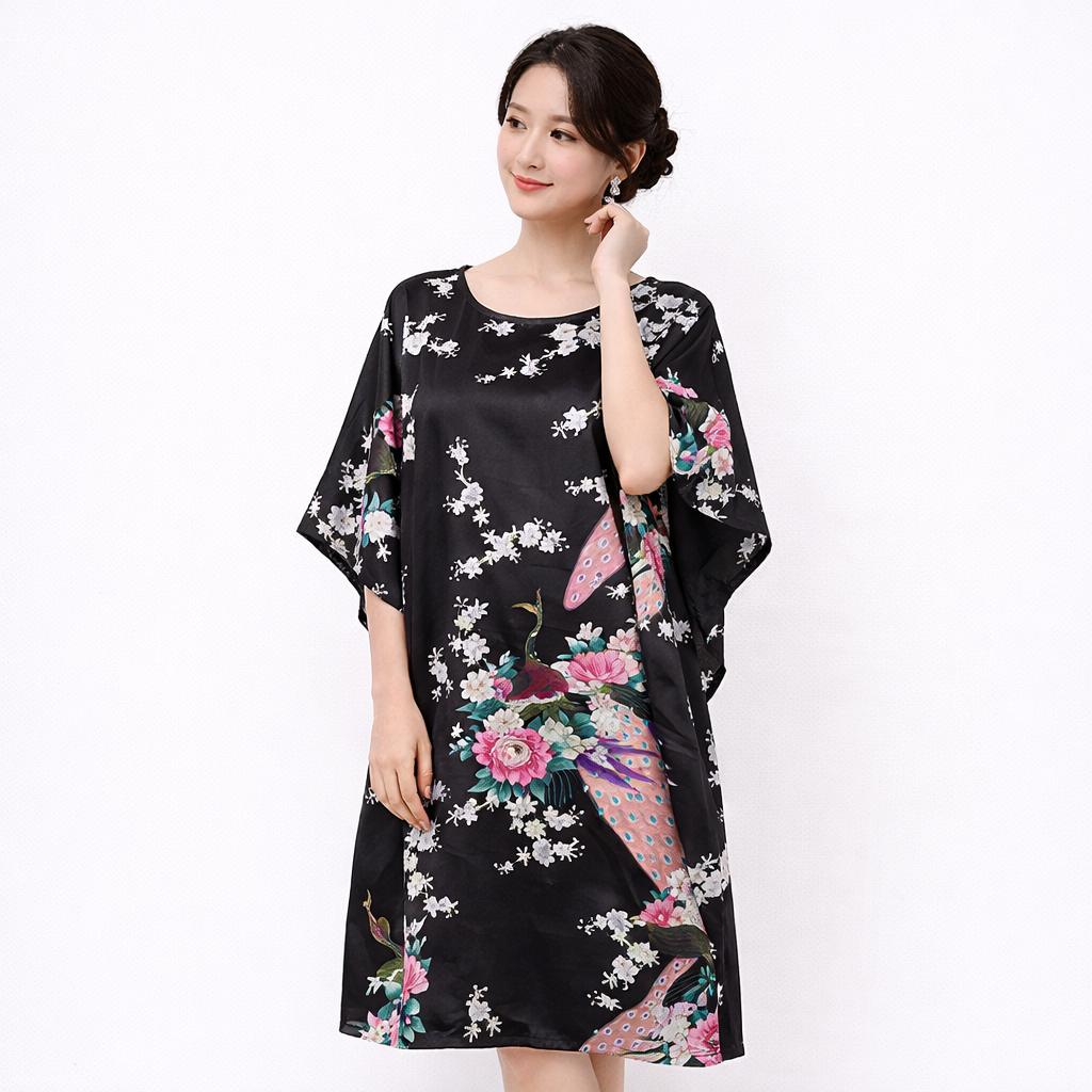 Luxury Silk-Feel Batwing Sleeve Peacock Kaftan Dress – One Size Relaxed Fit (Length 110–115cm)