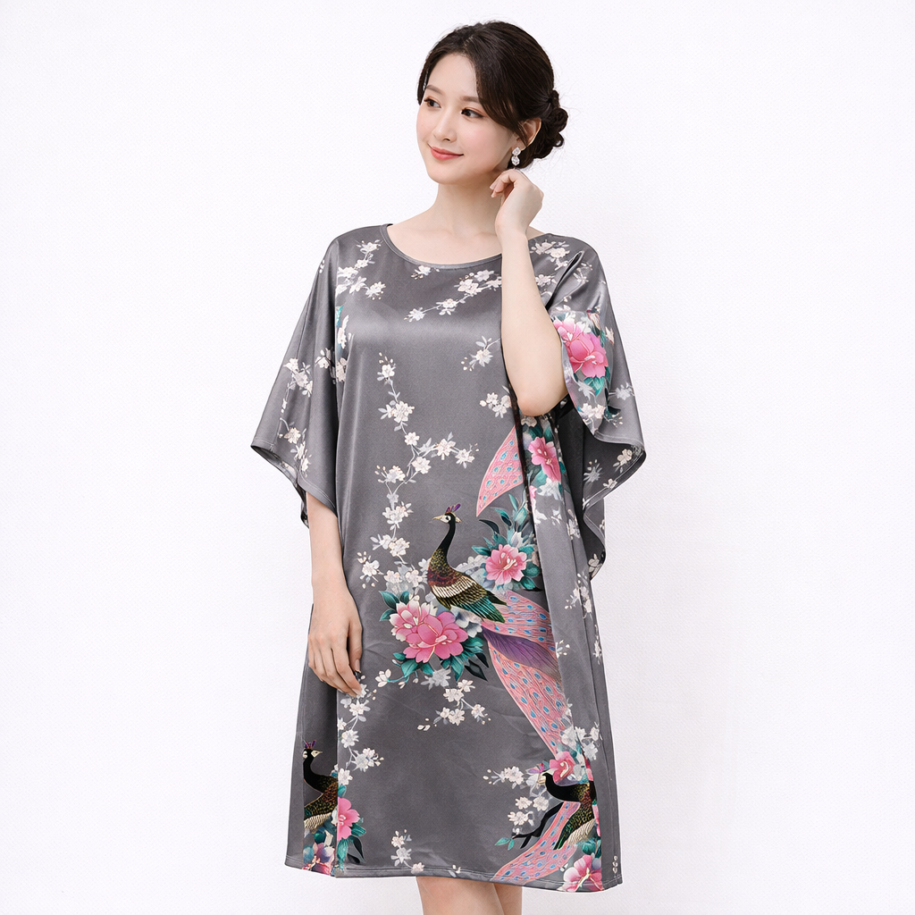 Luxury Silk-Feel Batwing Sleeve Peacock Kaftan Dress – One Size Relaxed Fit (Length 110–115cm)