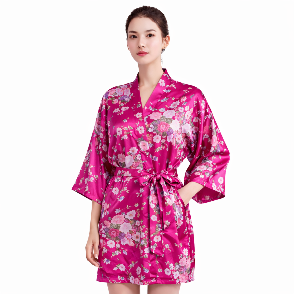 Floral Satin Kimono Robe – Short Silk-Like Bridal & Lounge Robe