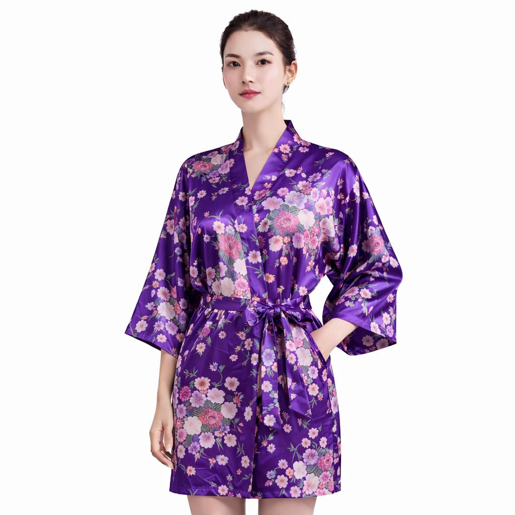 Floral Satin Kimono Robe – Short Silk-Like Bridal & Lounge Robe