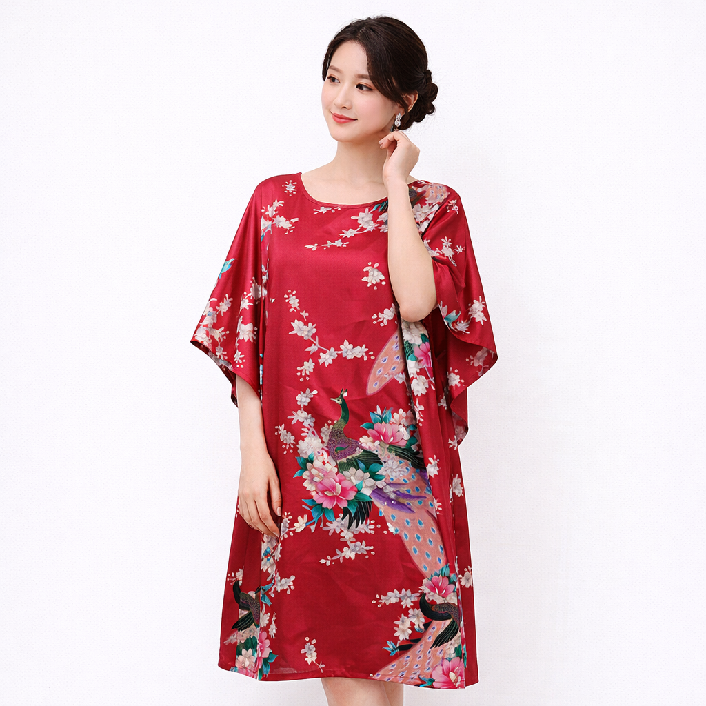 Luxury Silk-Feel Batwing Sleeve Peacock Kaftan Dress – One Size Relaxed Fit (Length 110–115cm)
