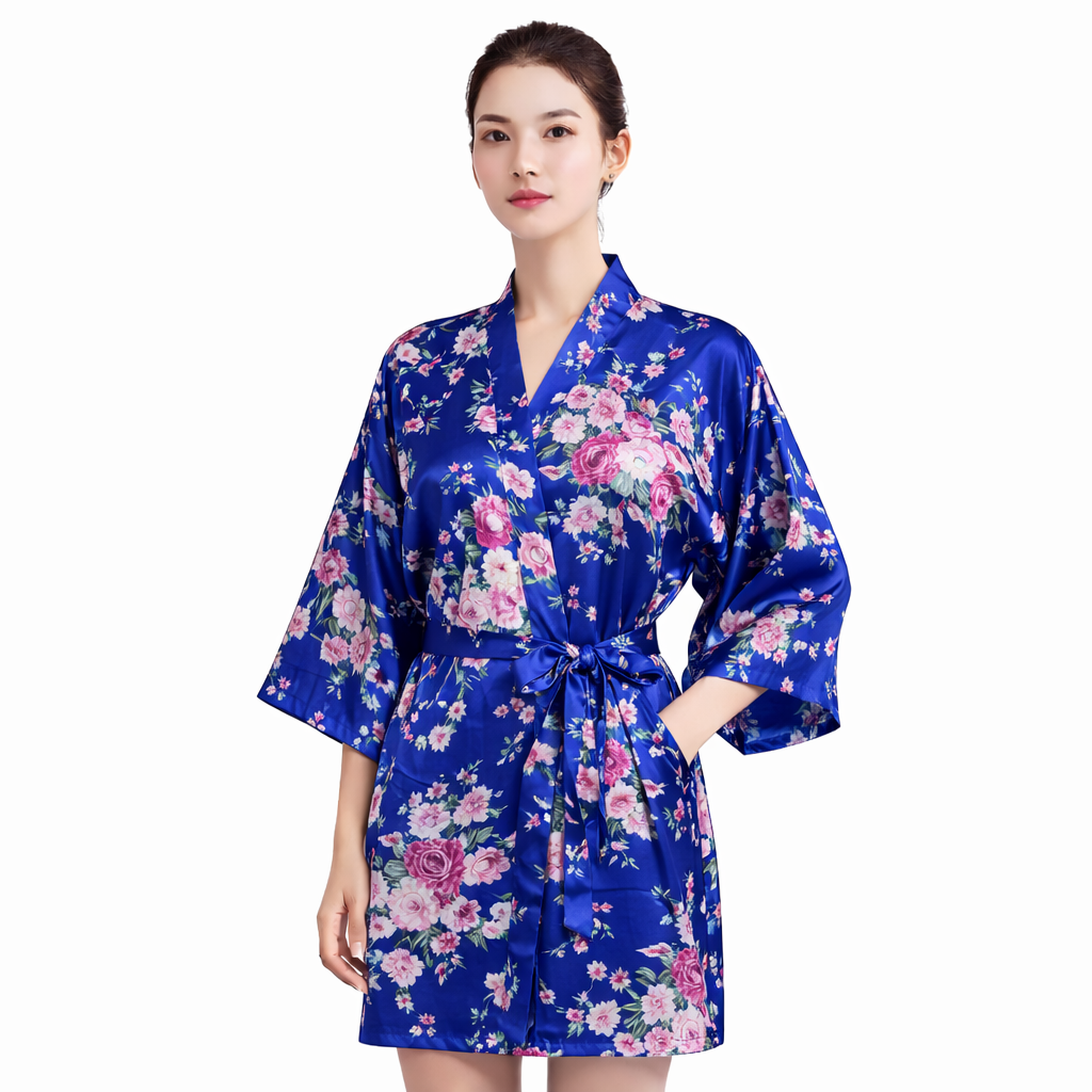 Floral Satin Kimono Robe – Short Silk-Like Bridal & Lounge Robe