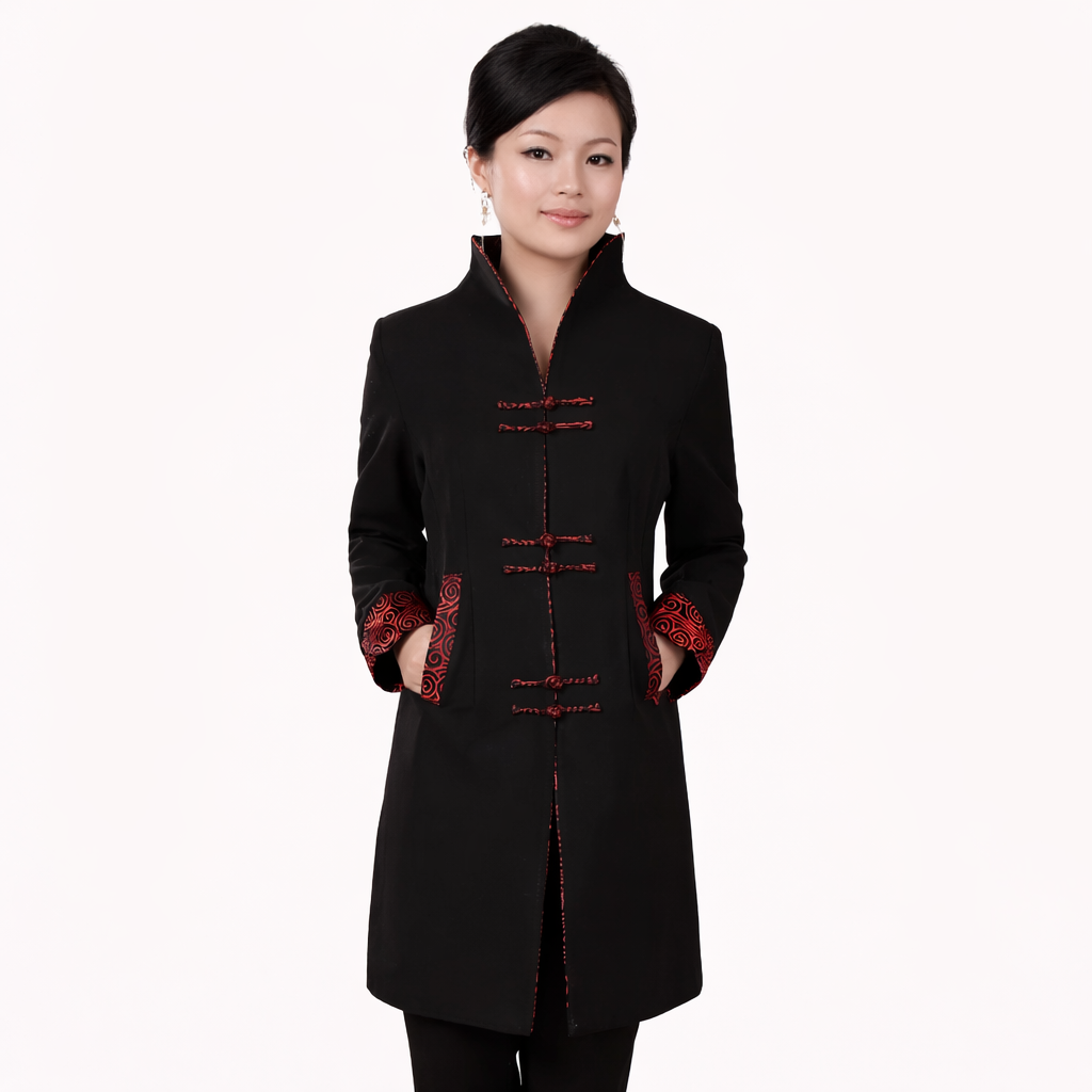 Slim Fit Chinese Style Coat – Elegant Mandarin Collar Wool Jacket (Petite Fit)