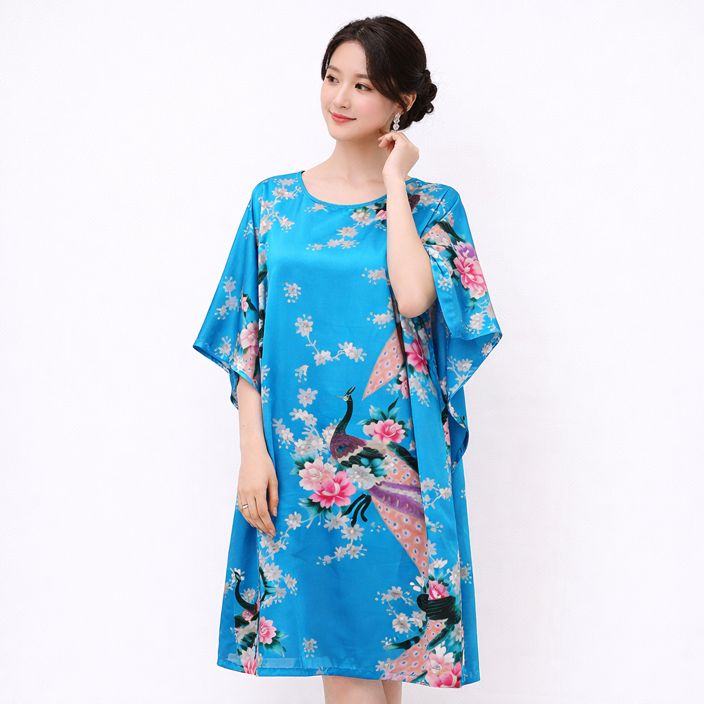 Luxury Silk-Feel Batwing Sleeve Peacock Kaftan Dress – One Size Relaxed Fit (Length 110–115cm)