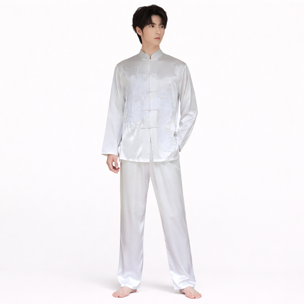 Men’s Silk-Like Dragon Embroidered Tang Suit Set – Soft, Cool & Perfect for Tai Chi / Kung Fu