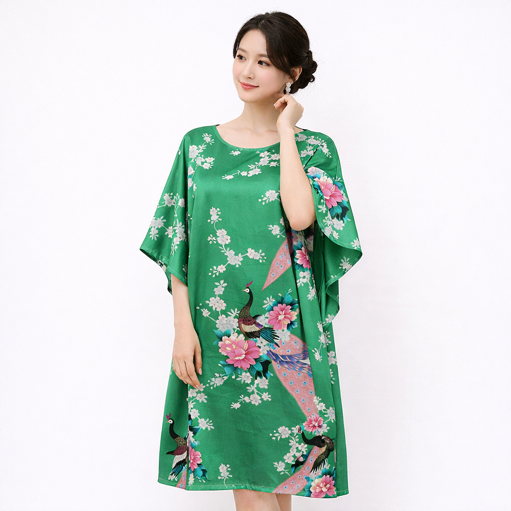 Luxury Silk-Feel Batwing Sleeve Peacock Kaftan Dress – One Size Relaxed Fit (Length 110–115cm)