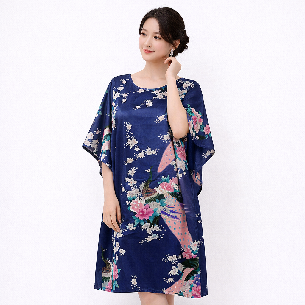Luxury Silk-Feel Batwing Sleeve Peacock Kaftan Dress – One Size Relaxed Fit (Length 110–115cm)