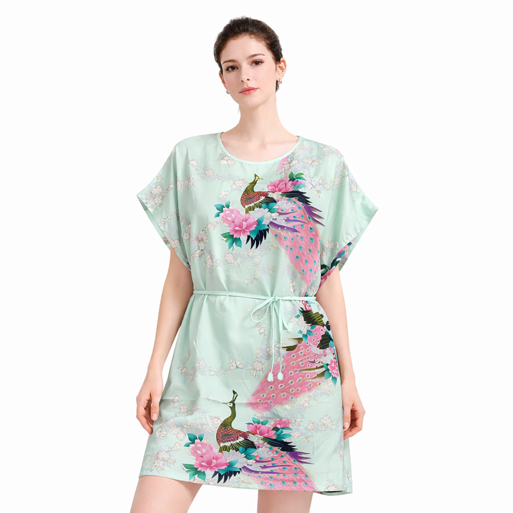 Elegant Satin Peacock Print Lounge Dress – Lightweight Kimono Style Home & Vacation Wear