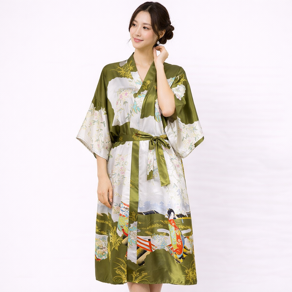 Elegant Japanese Beauty Kimono Robe – Faux Silk Satin, Lightweight & Graceful