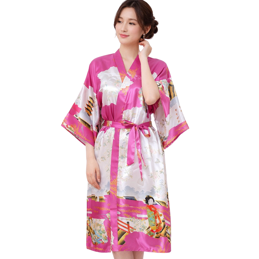 Elegant Japanese Beauty Kimono Robe – Faux Silk Satin, Lightweight & Graceful