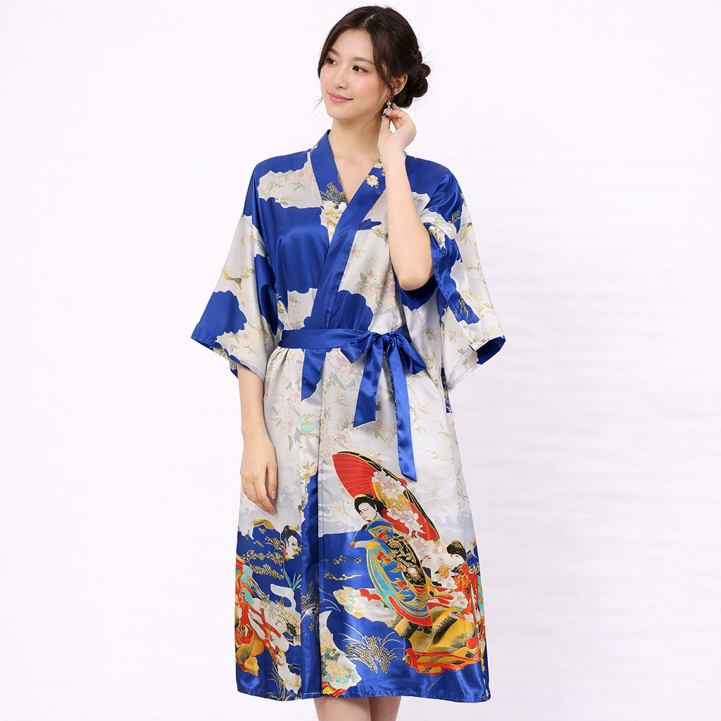 Elegant Japanese Beauty Kimono Robe – Faux Silk Satin, Lightweight & Graceful