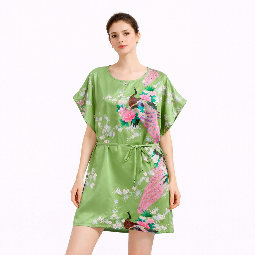 Elegant Satin Peacock Print Lounge Dress – Lightweight Kimono Style Home & Vacation Wear