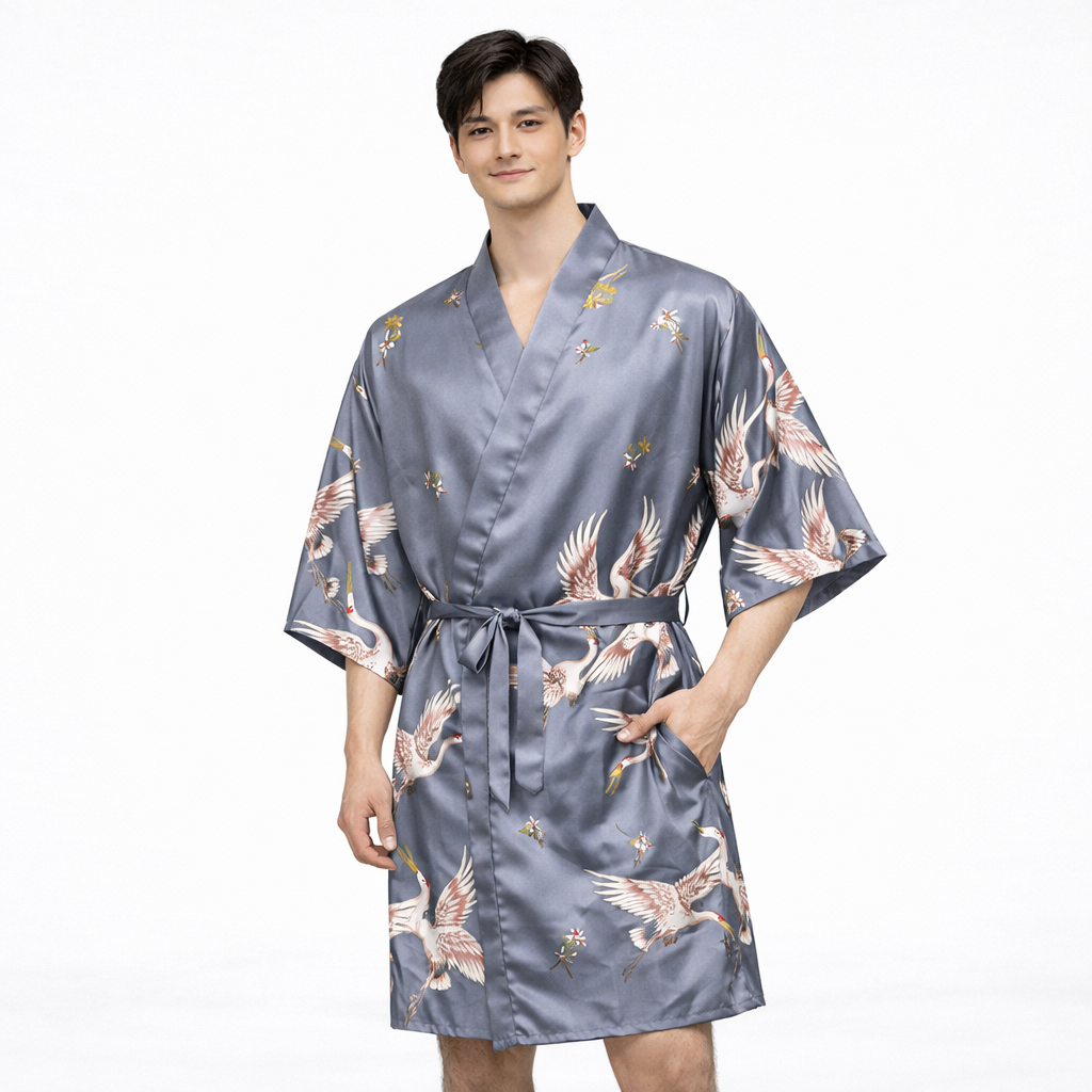 Unisex  Crane Silk-Style Kimono Robe – Luxury Satin Loungewear with Symbol of Longevity
