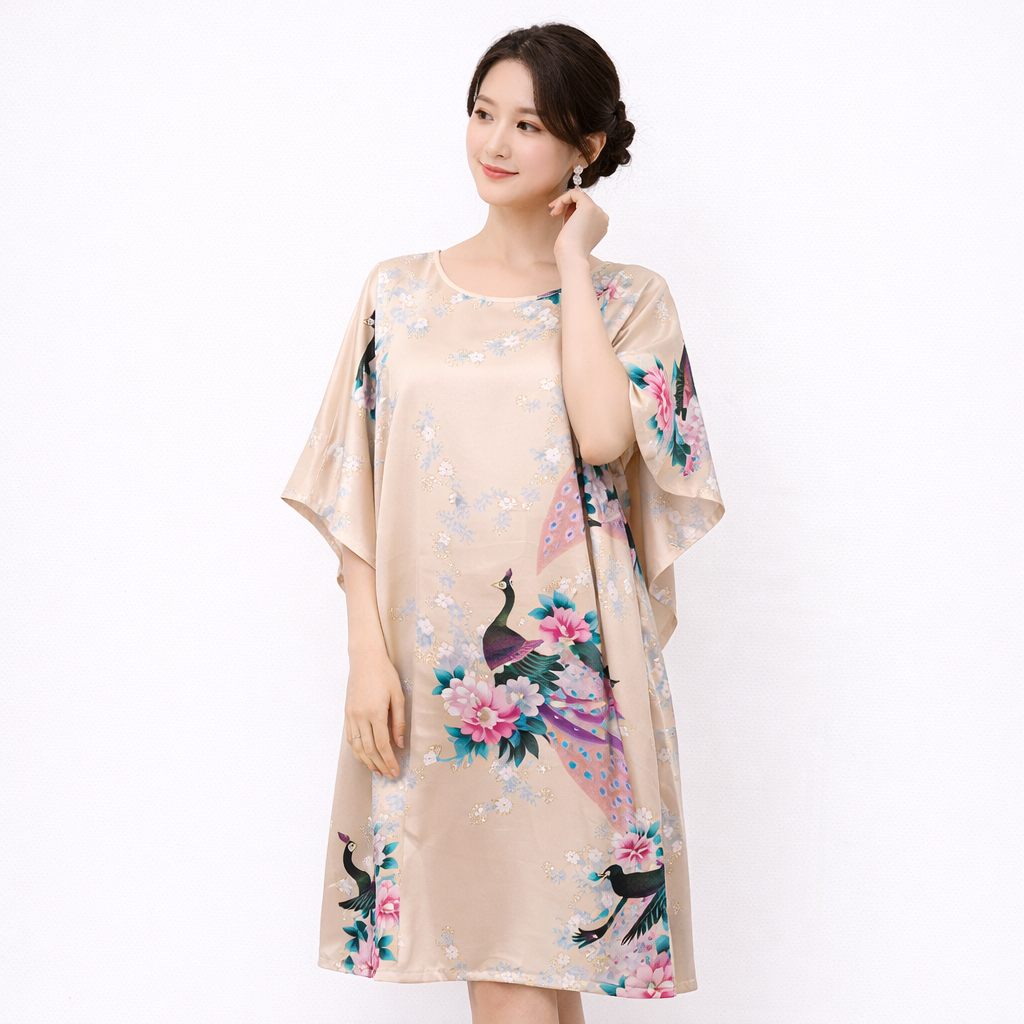 Luxury Silk-Feel Batwing Sleeve Peacock Kaftan Dress – One Size Relaxed Fit (Length 110–115cm)