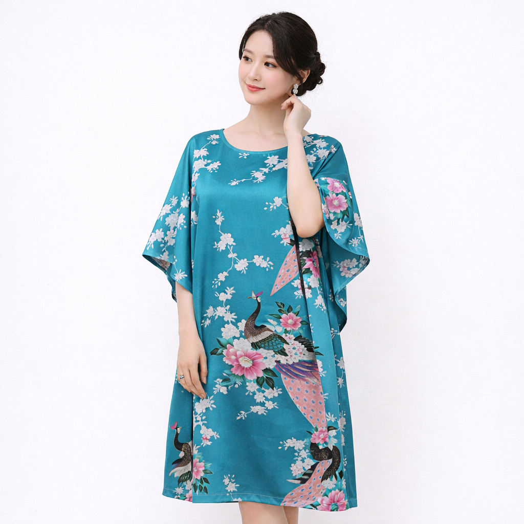 Luxury Silk-Feel Batwing Sleeve Peacock Kaftan Dress – One Size Relaxed Fit (Length 110–115cm)