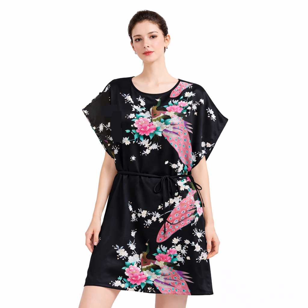 Elegant Satin Peacock Print Lounge Dress – Lightweight Kimono Style Home & Vacation Wear
