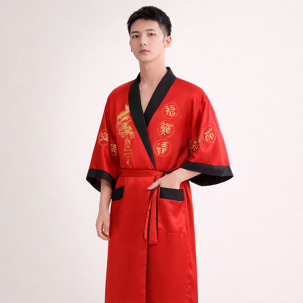 Reversible Men’s Chinese Silk Robe – Double-Sided Satin Kimono with Embroidery (2-in-1 Design)