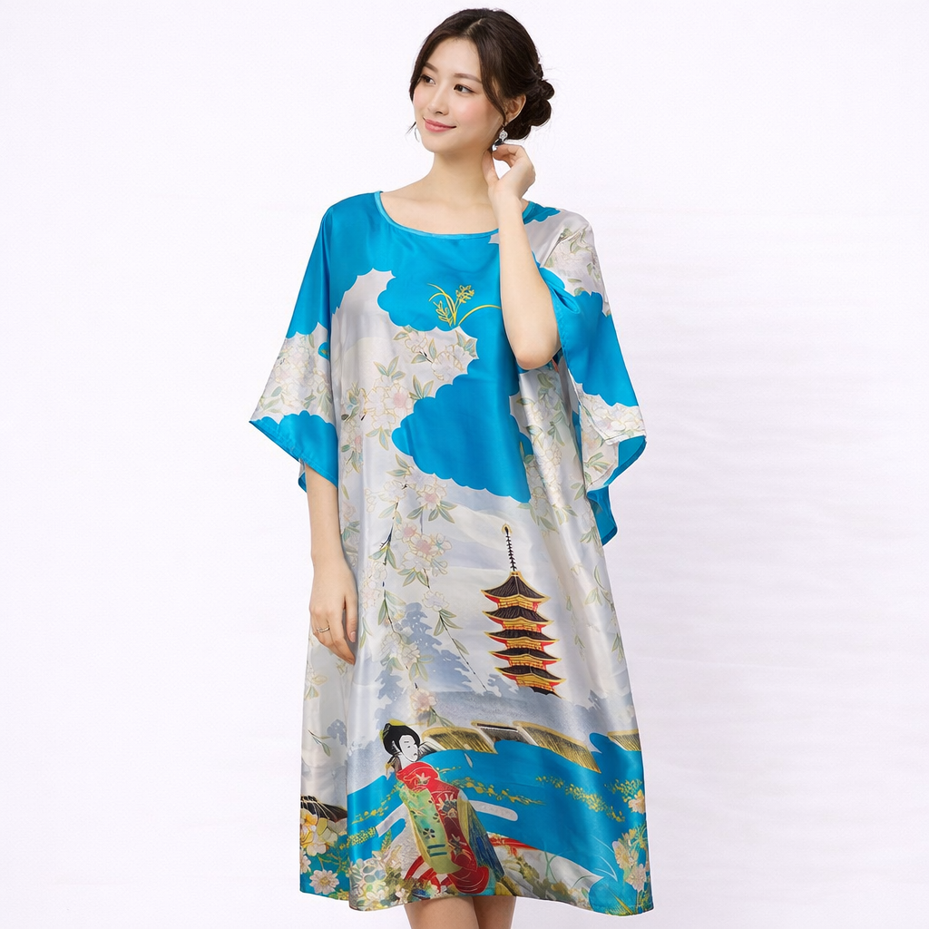 Japanese Beauty Print Satin Dress – Batwing Sleeve Loose Fit Lounge Dress