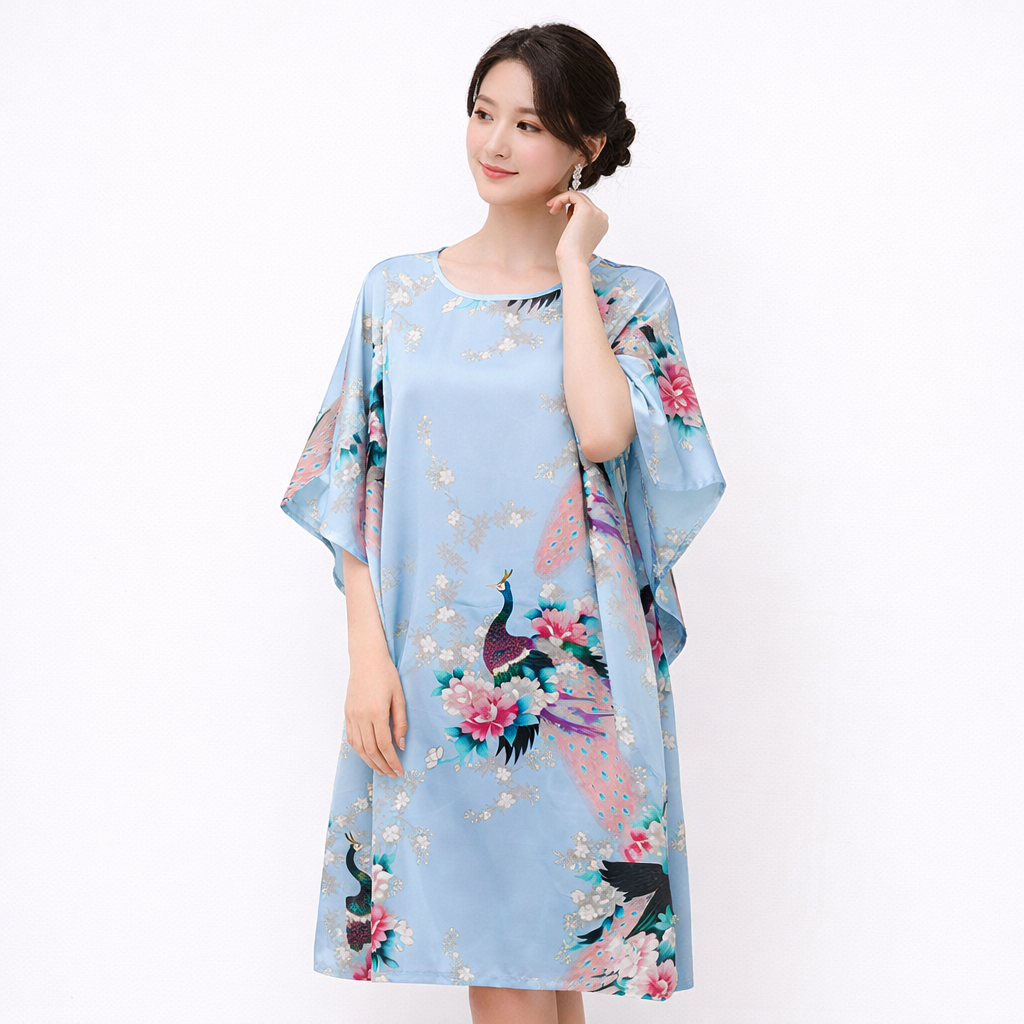 Luxury Silk-Feel Batwing Sleeve Peacock Kaftan Dress – One Size Relaxed Fit (Length 110–115cm)