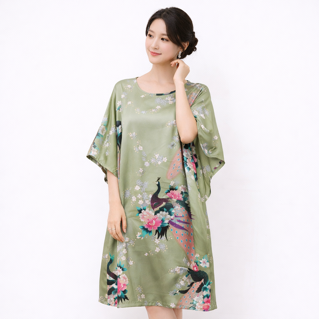 Luxury Silk-Feel Batwing Sleeve Peacock Kaftan Dress – One Size Relaxed Fit (Length 110–115cm)