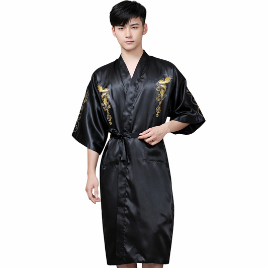 Men’s Embroidered Dragon Kimono Robe – Fortune & Longevity Design