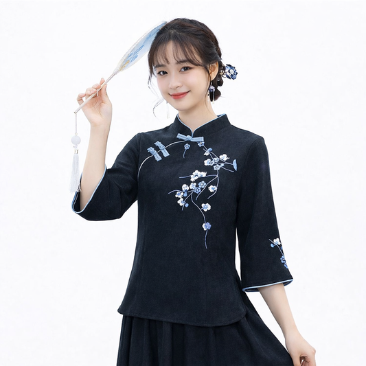 Elegant Embroidered Cotton Linen Chinese Style Top – Vintage Floral Blouse with Contrast Trim