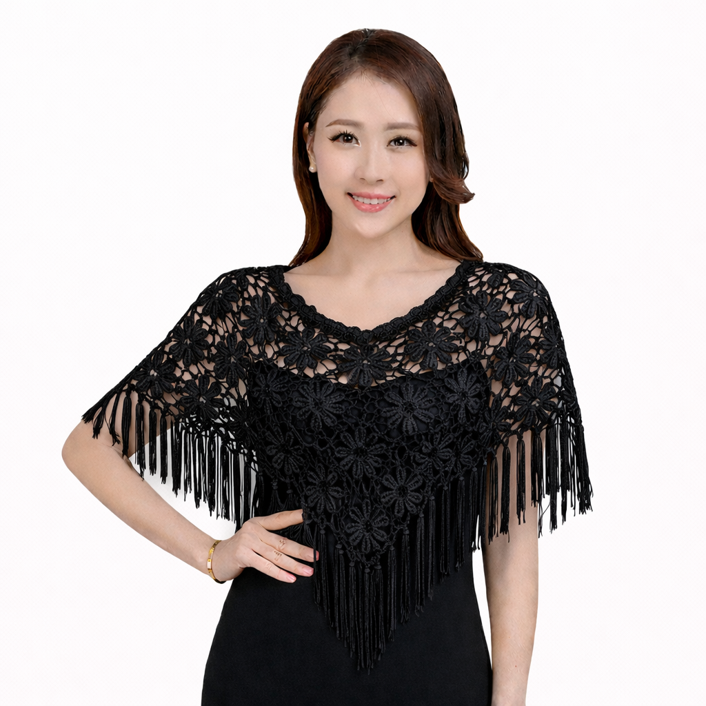 Handcrafted Beaded Floral Shawl – Elegant Ice Silk Crochet Capelet (Lightweight & Breathable)